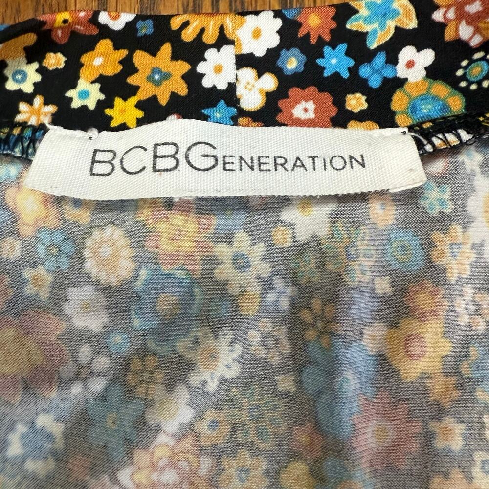 BCBG Generation Black Multicolor Floral Print Short Sleeve A-Line Flowy Dress L - Picture 4 of 7